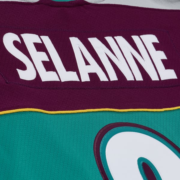 Men's Anaheim Ducks Teemu Selanne Mitchell & Ness Teal 1997/98 Alternate Captain Patch Power Play Jersey