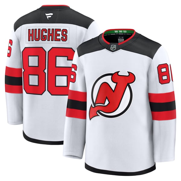 Men's New Jersey Devils Jack Hughes Fanatics White Away Premium Jersey - Image 2
