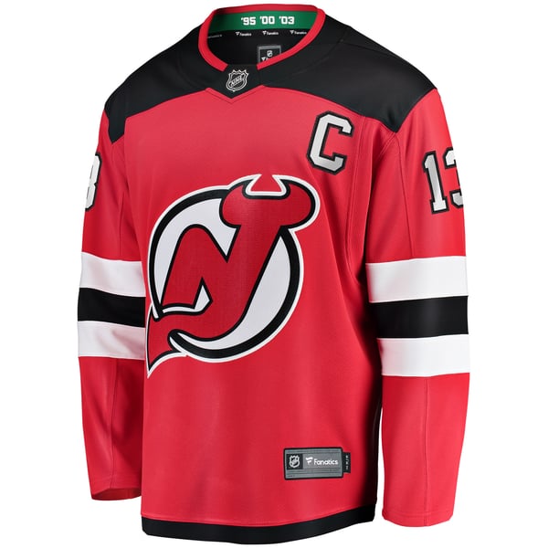 Men's New Jersey Devils Nico Hischier Fanatics Red Captain Patch Home Breakaway Jersey - Image 3
