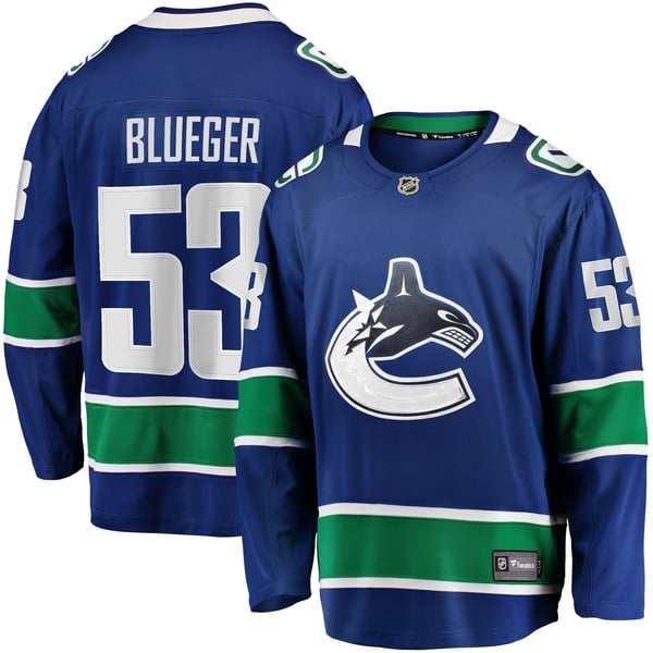 Men's Vancouver Canucks Teddy Blueger Fanatics Blue Home Breakaway Jersey - Image 1
