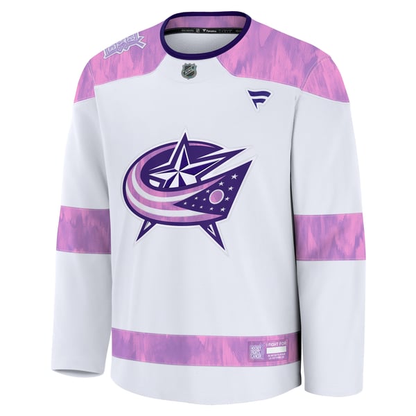 Men's Columbus Blue Jackets  Fanatics White 2024 Hockey Fights Cancer Practice Jersey - Image 3