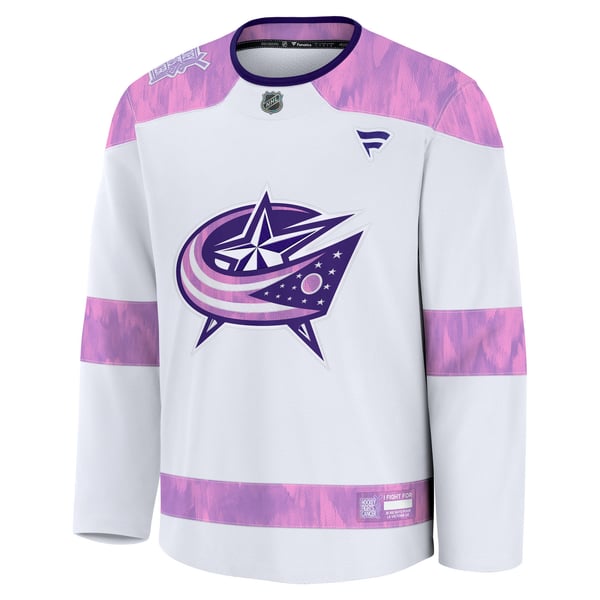 Men's Columbus Blue Jackets Fanatics White Hockey Fights Cancer Survivor Practice Jersey - Image 3