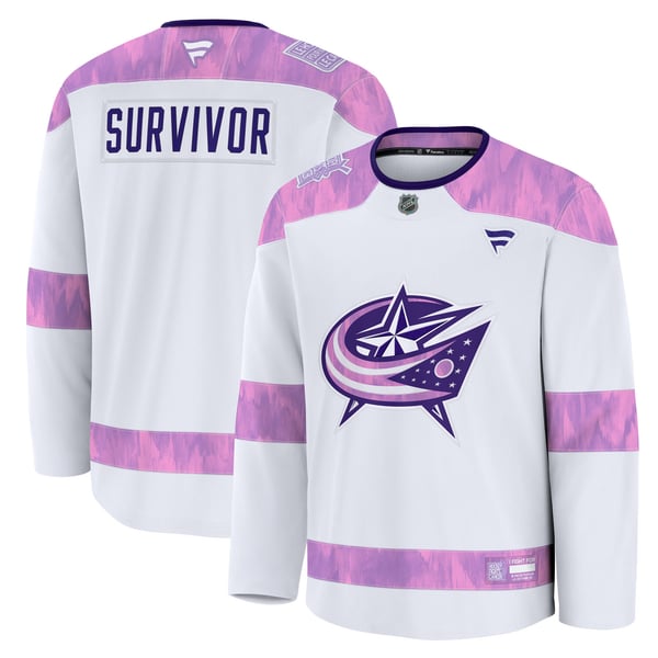Men's Columbus Blue Jackets Fanatics White Hockey Fights Cancer Survivor Practice Jersey - Image 1