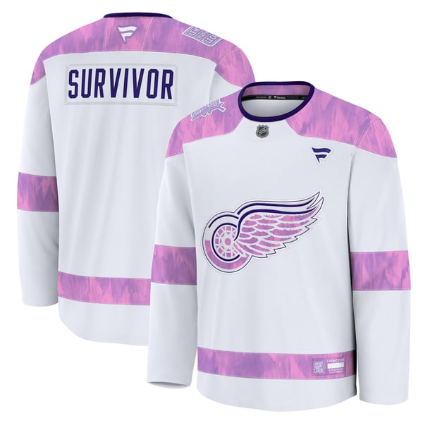 Men's Detroit Red Wings Fanatics White Hockey Fights Cancer Survivor Practice Jersey - Image 1