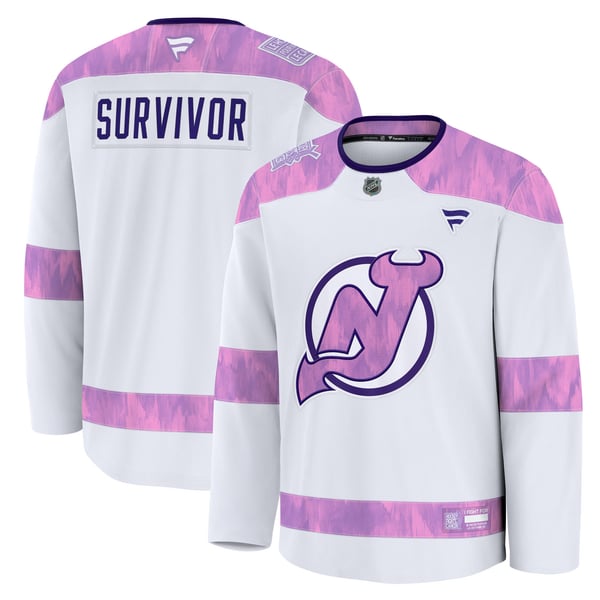 Men's New Jersey Devils Fanatics White Hockey Fights Cancer Survivor Practice Jersey - Image 1
