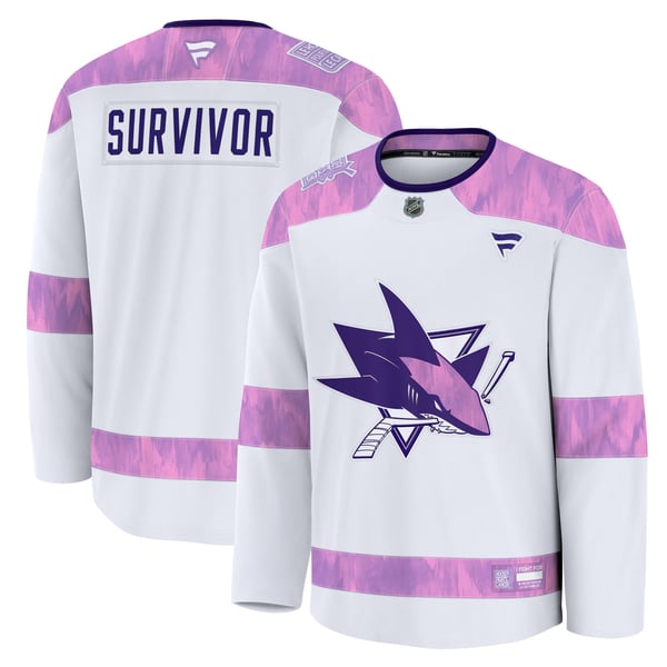 Men's San Jose Sharks Fanatics White Hockey Fights Cancer Survivor Practice Jersey - Image 1