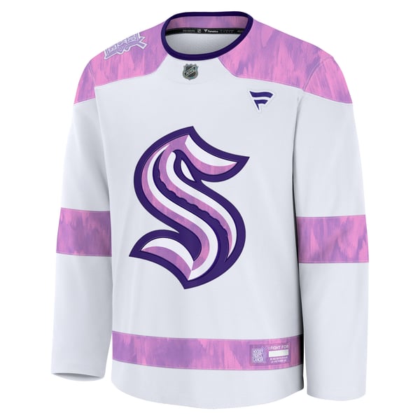 Men's Seattle Kraken Fanatics White Hockey Fights Cancer Survivor Practice Jersey - Image 3
