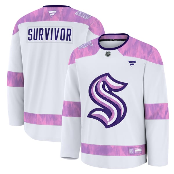 Men's Seattle Kraken Fanatics White Hockey Fights Cancer Survivor Practice Jersey - Image 1