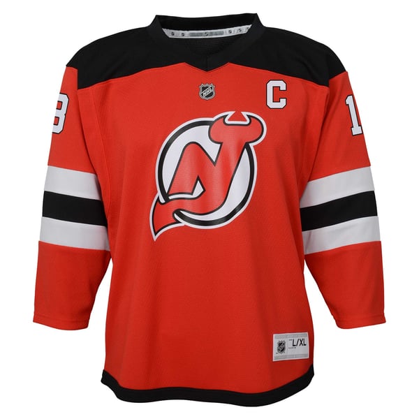 Youth New Jersey Devils Nico Hischier Red Captain Patch Home Replica Player Jersey - Image 3