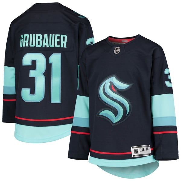 Youth Seattle Kraken Philipp Grubauer Deep Sea Blue Home Premier Player Jersey - Image 2
