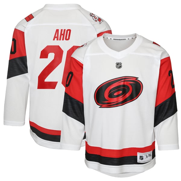 Youth Carolina Hurricanes Sebastian Aho White Away Replica Player Jersey - Image 1